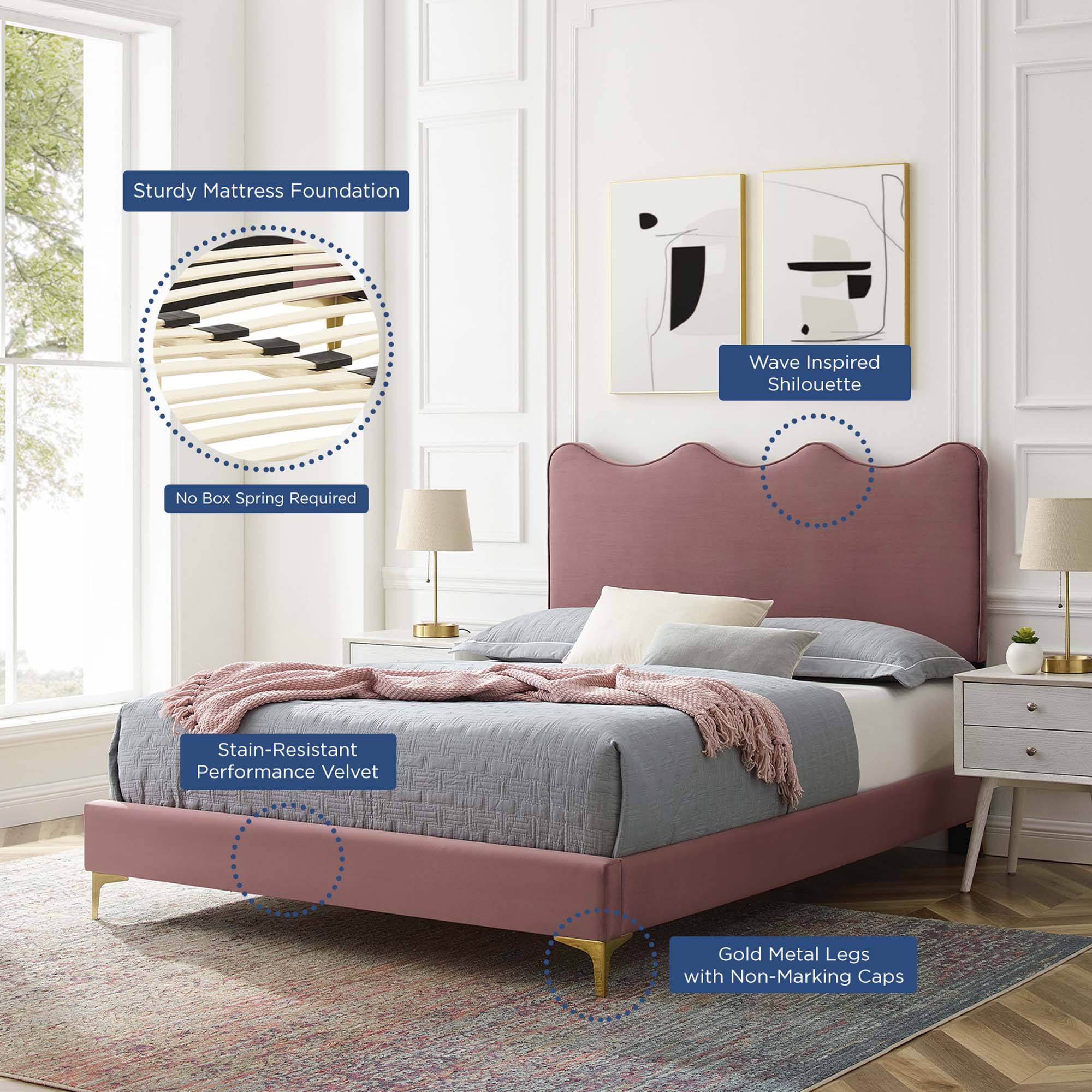 Current Performance Velvet Queen Platform Bed - Dusty Rose (MOD-6733-DUS)
