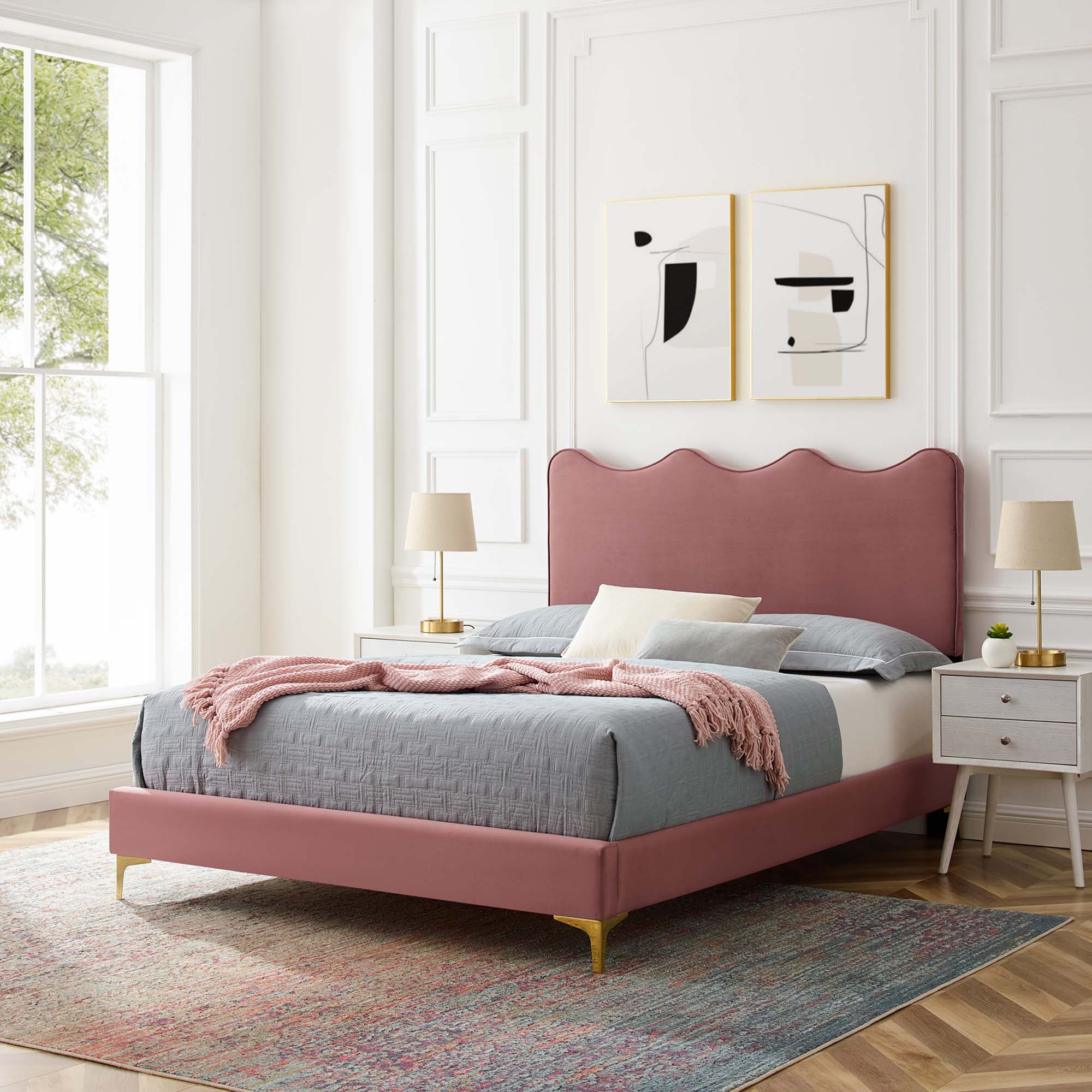 Current Performance Velvet Queen Platform Bed - Dusty Rose (MOD-6733-DUS)