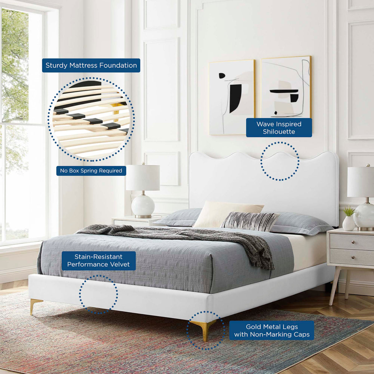 Current Performance Velvet Queen Platform Bed - White (MOD-6733-WHI)