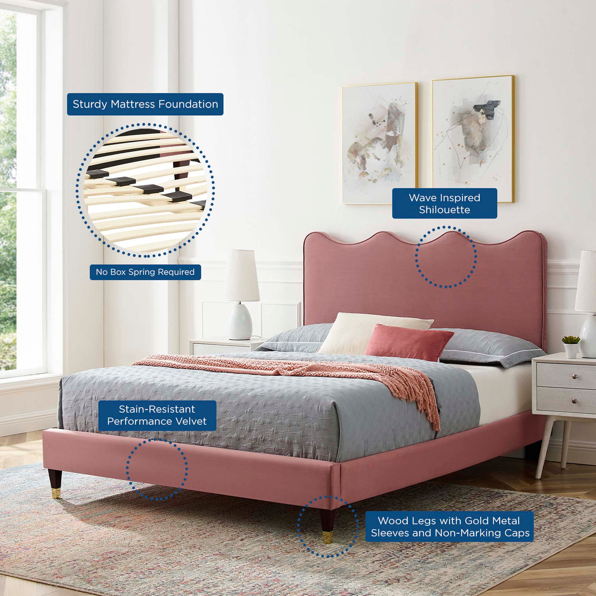 Current Performance Velvet Queen Platform Bed - Dusty Rose (MOD-6734-DUS)