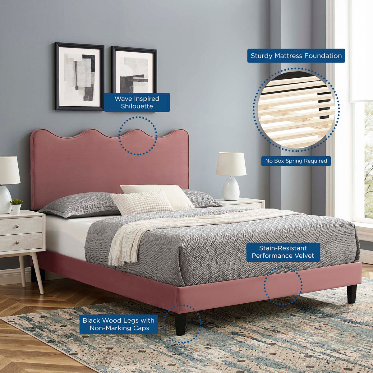 Current Performance Velvet Queen Platform Bed - Dusty Rose (MOD-6735-DUS)