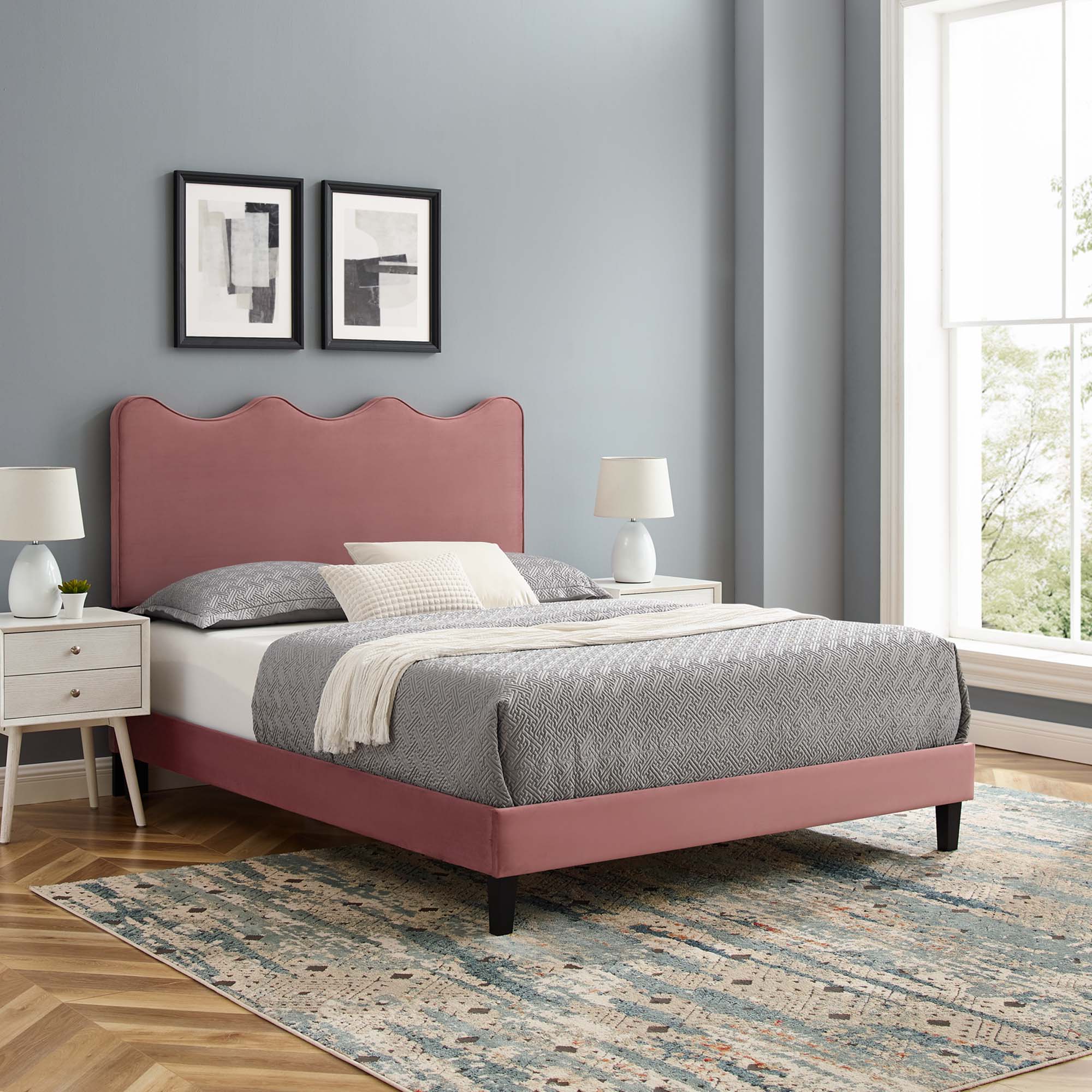 Current Performance Velvet Queen Platform Bed - Dusty Rose (MOD-6735-DUS)