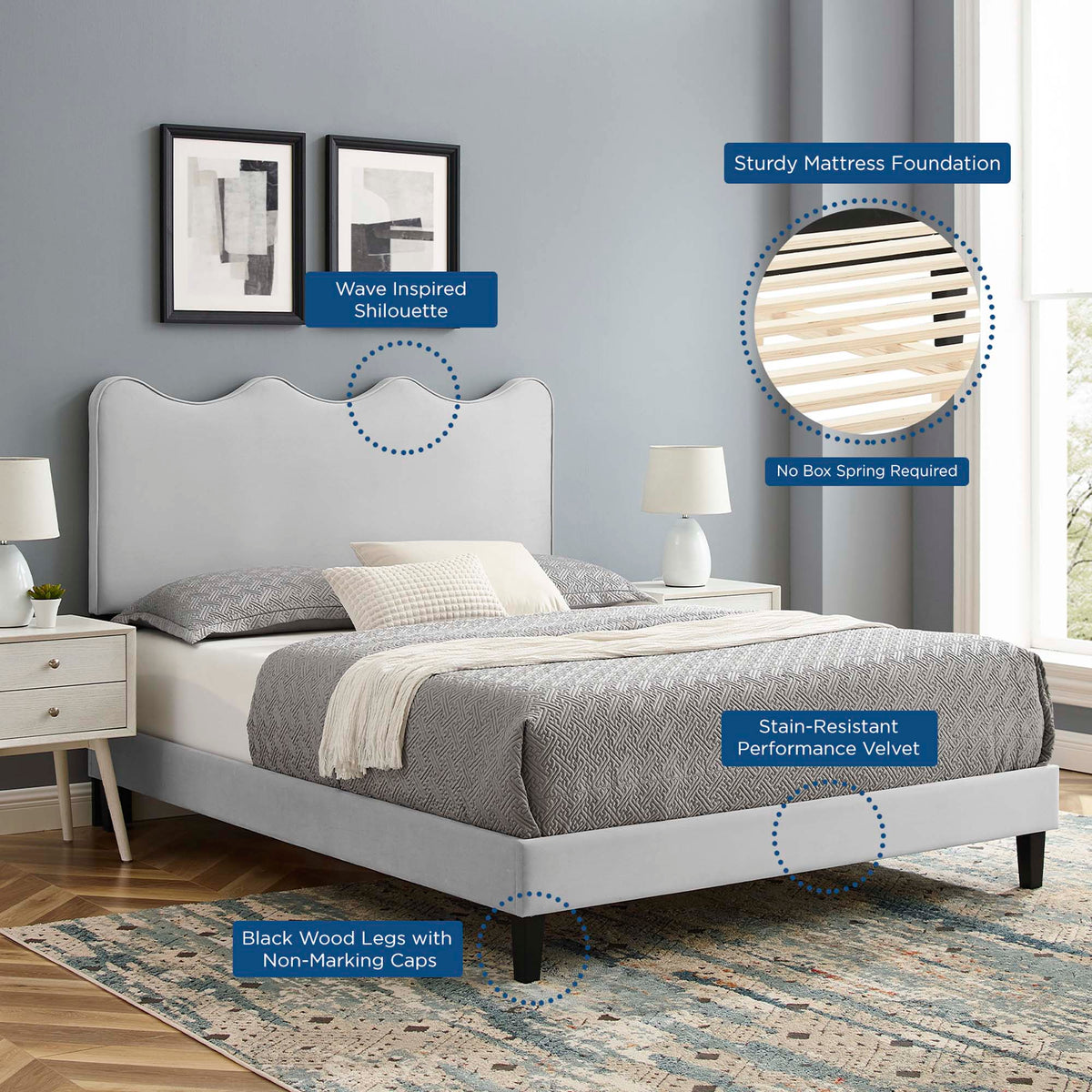 Current Performance Velvet Queen Platform Bed - Light Gray
