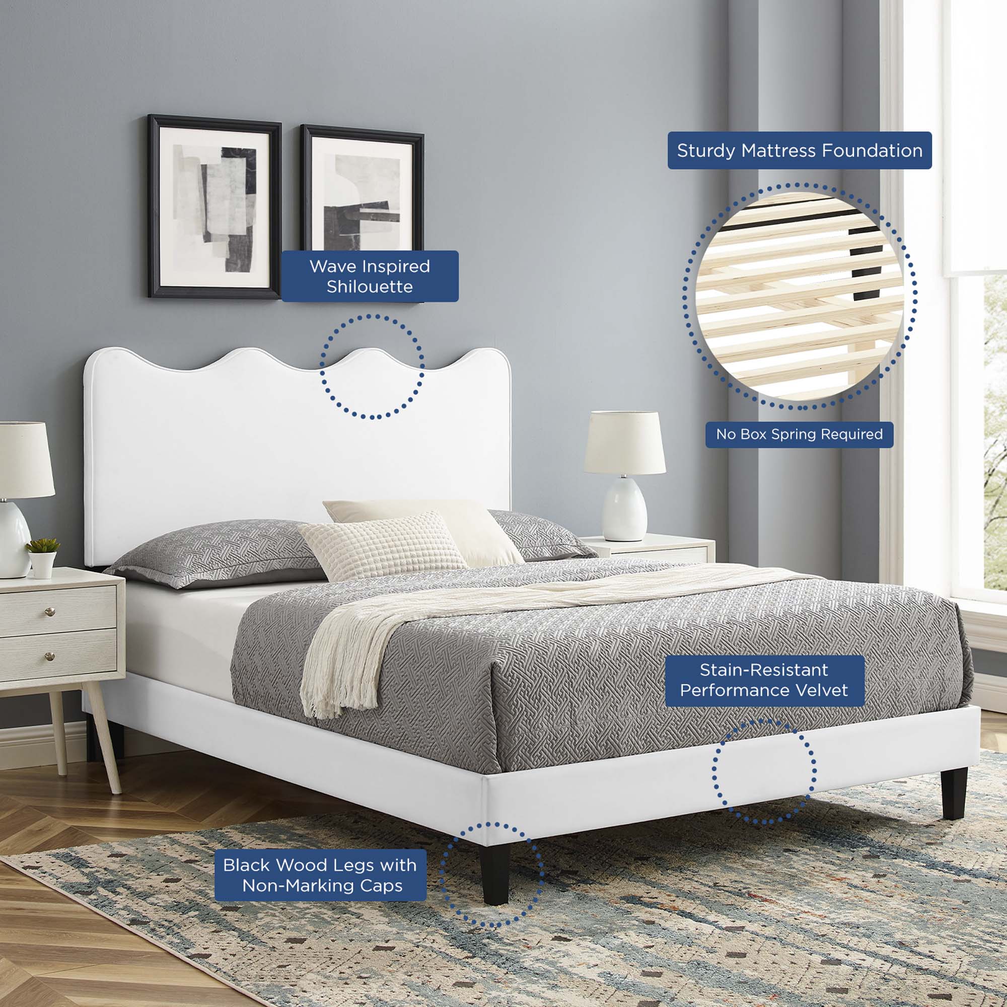 Current Performance Velvet Queen Platform Bed - White (MOD-6735-WHI)