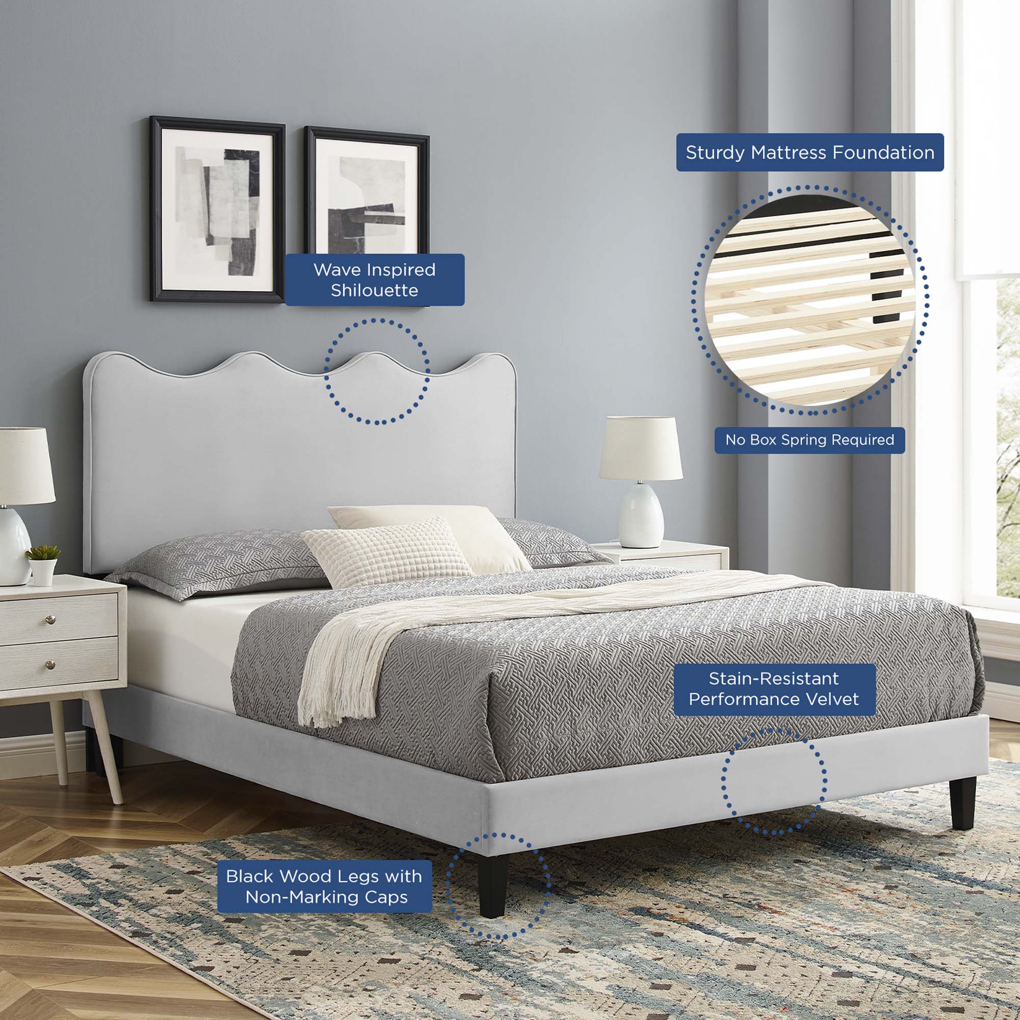 Current Performance Velvet King Platform Bed - Light Gray