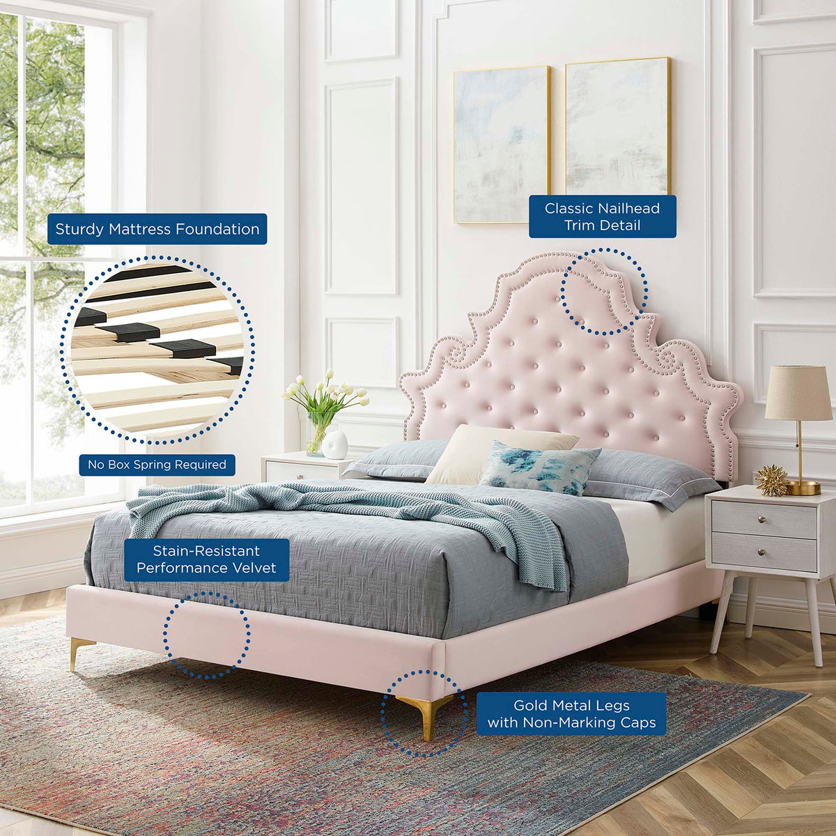 Gwyneth Tufted Performance Velvet Queen Platform Bed - Pink (MOD-6751-PNK)