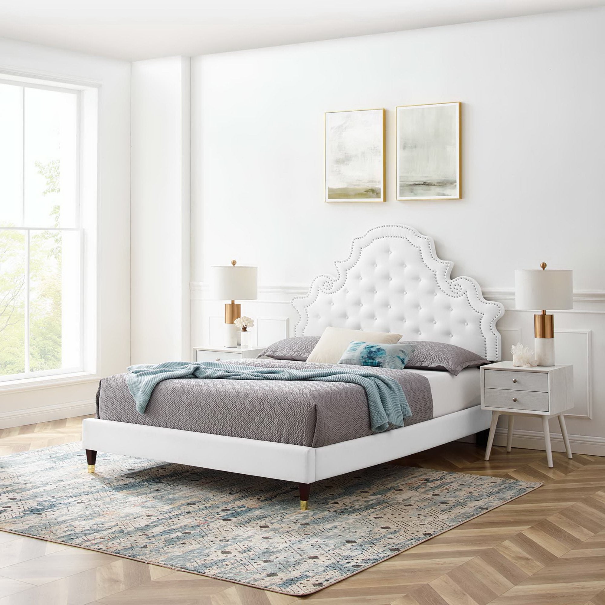 Gwyneth Tufted Performance Velvet Queen Platform Bed - White (MOD-6752-WHI)