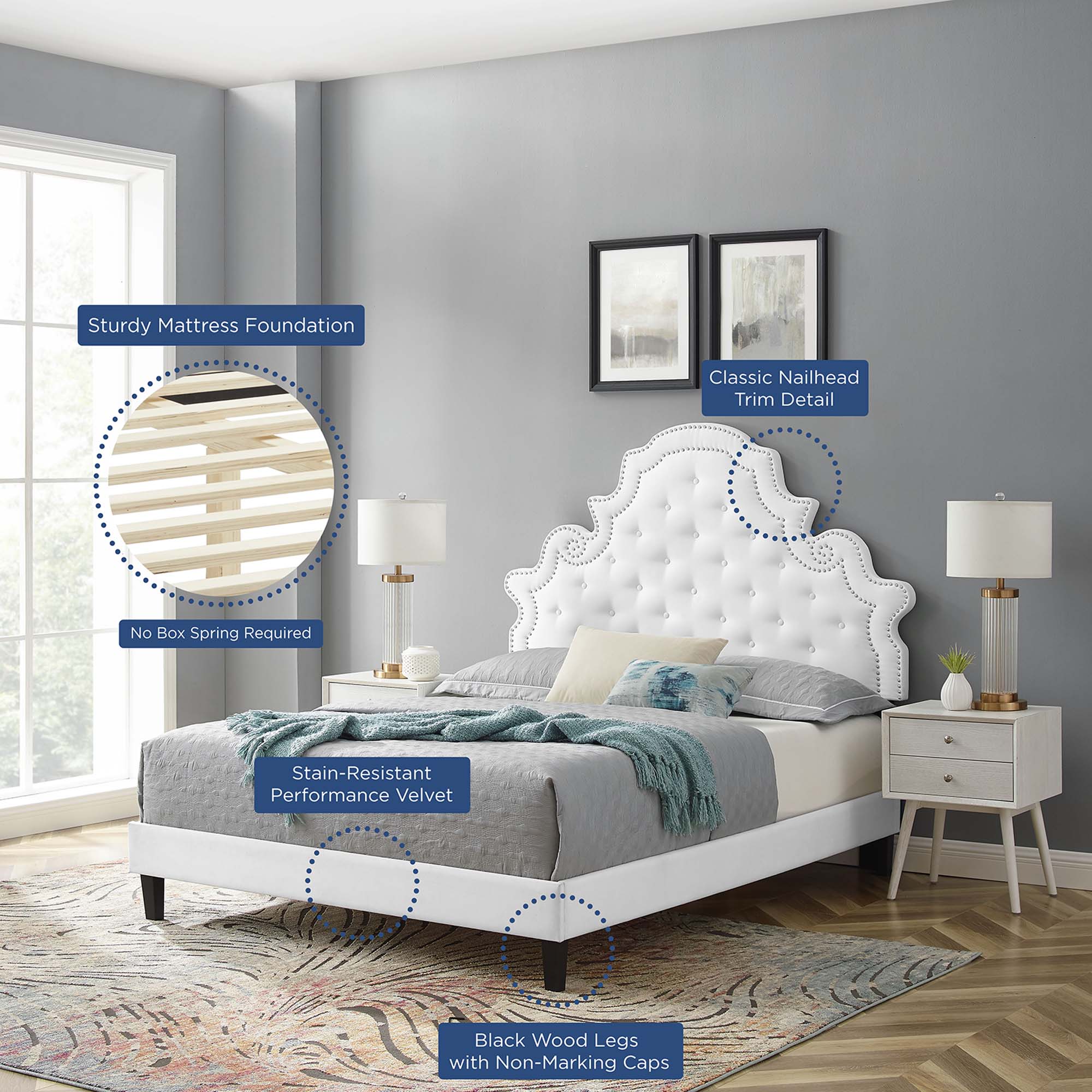 Gwyneth Tufted Performance Velvet Queen Platform Bed - White (MOD-6753-WHI)
