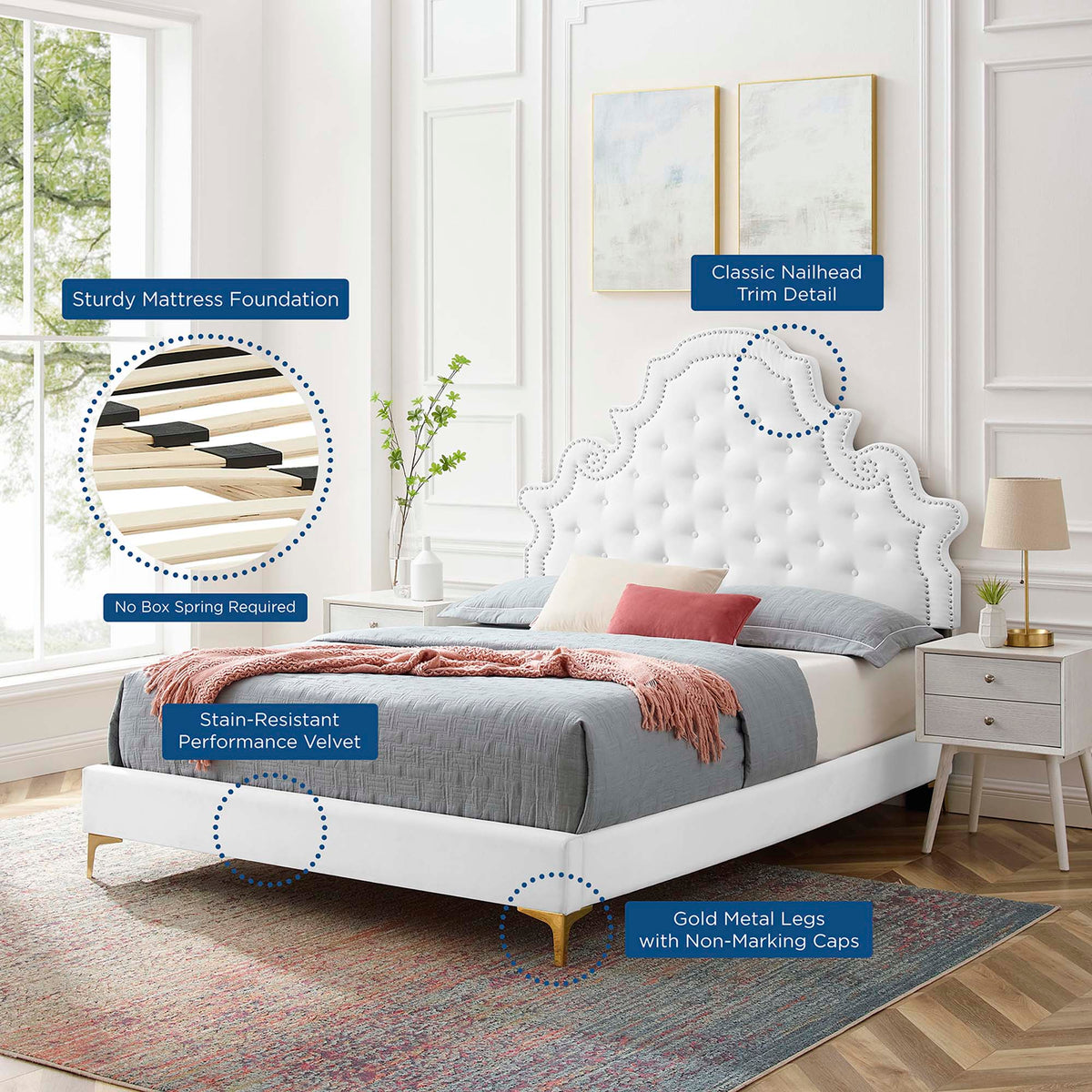 Gwyneth Tufted Performance Velvet Full Platform Bed - White (MOD-6757-WHI)