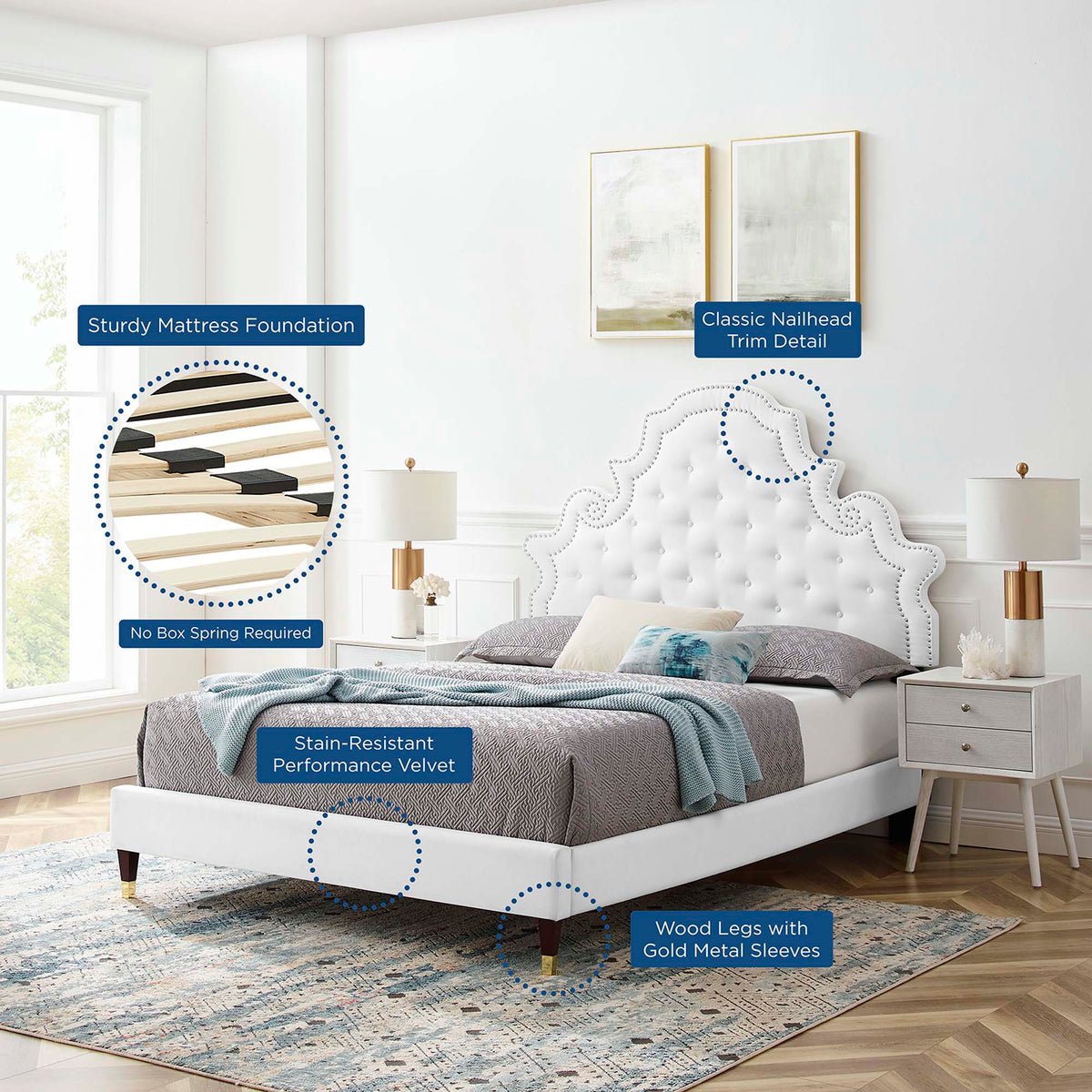 Gwyneth Tufted Performance Velvet Full Platform Bed - White (MOD-6758-WHI)