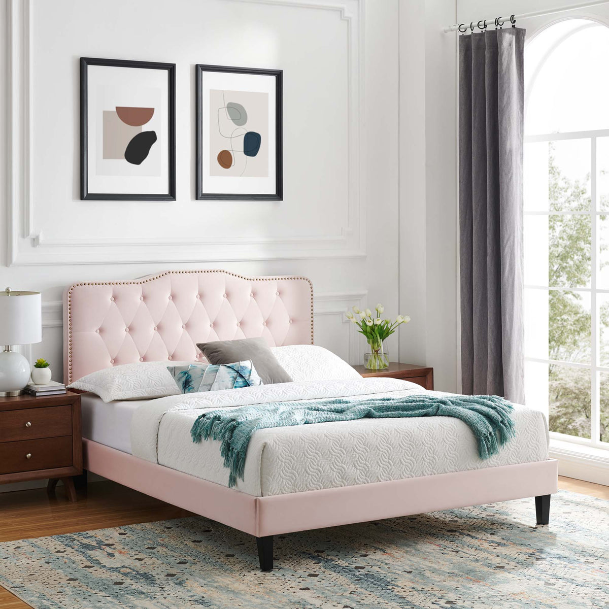 Amber Performance Velvet Queen Platform Bed - Pink (MOD-6777-PNK)