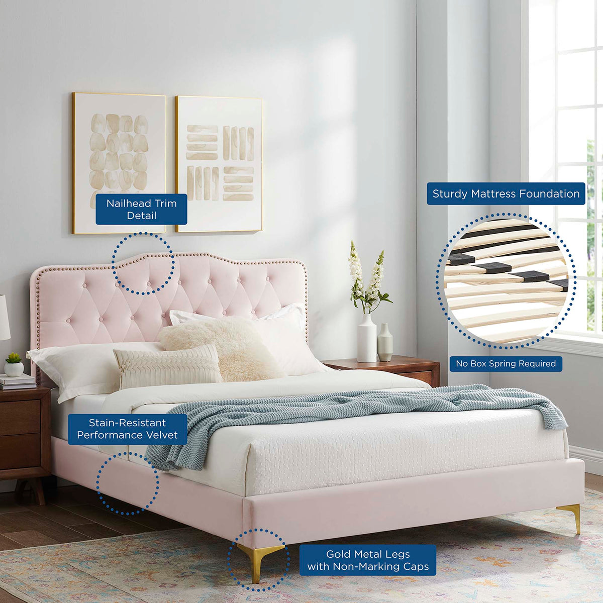 Amber Tufted Performance Velvet Twin Platform Bed - Pink