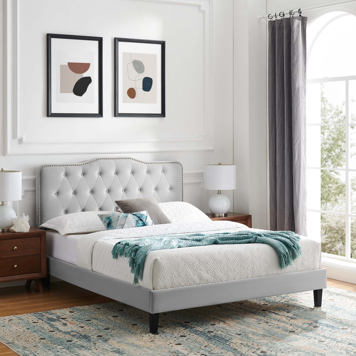 Amber Tufted Performance Velvet King Platform Bed - Light Gray