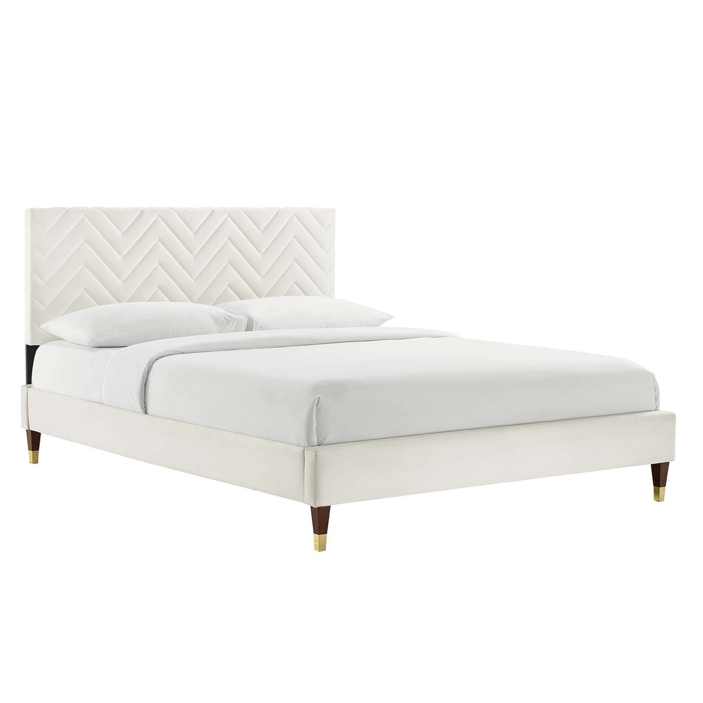 Leah Chevron Tufted Performance Velvet Queen Platform Bed - White (Frame, King)