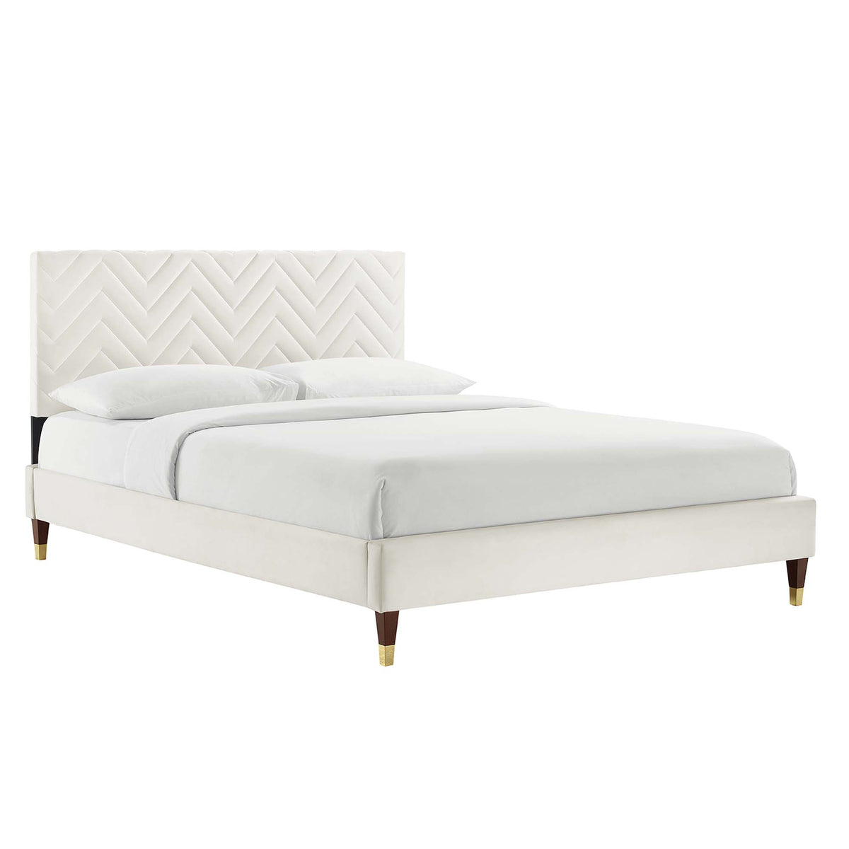 Leah Chevron Tufted Performance Velvet Queen Platform Bed - White (Frame, King)