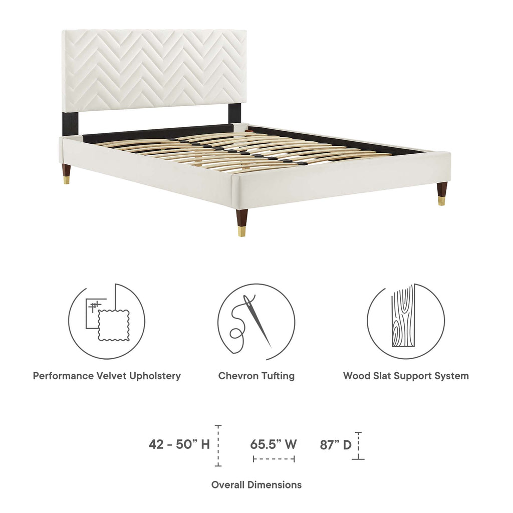 Leah Chevron Tufted Performance Velvet Queen Platform Bed - White (Frame, King)