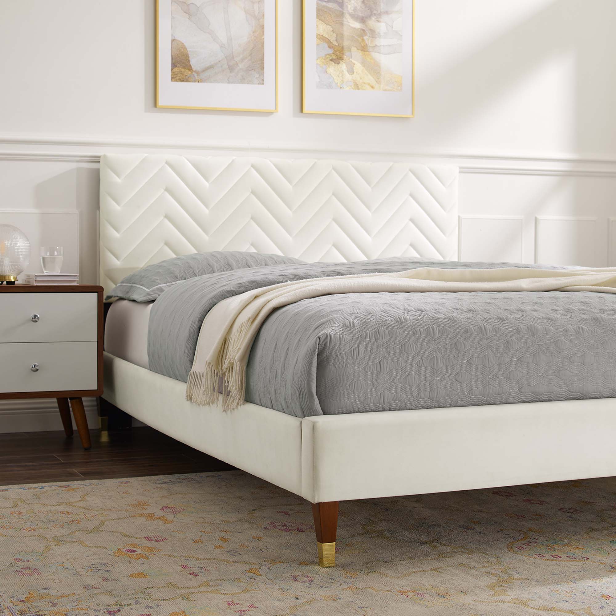 Leah Chevron Tufted Performance Velvet Queen Platform Bed - White (Frame, King)