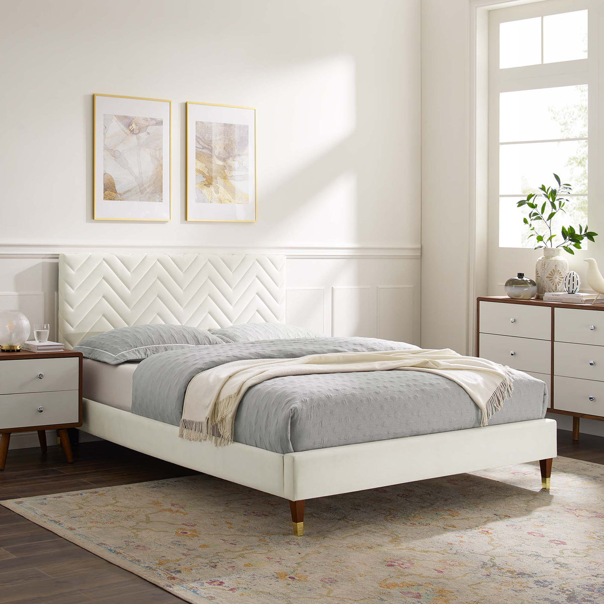 Leah Chevron Tufted Performance Velvet Queen Platform Bed - White (Frame, King)