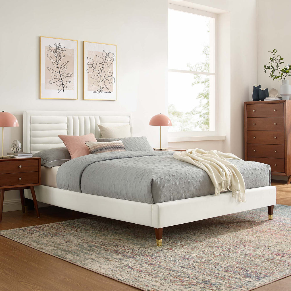 Sofia Channel Tufted Performance Velvet Queen Platform Bed - White (MOD-6971-WHI)