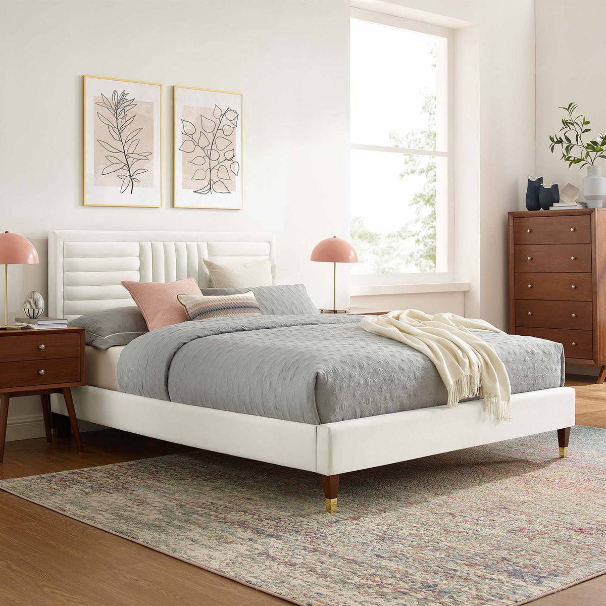 Sofia Channel Tufted Performance Velvet Queen Platform Bed - White (MOD-6971-WHI)