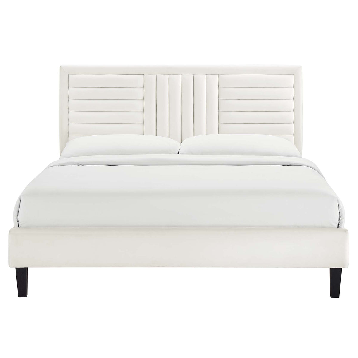 Sofia Tapered Wood Leg Channel Tufted Performance Velvet Queen Platform Bed - White
