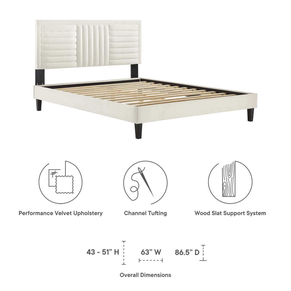 Sofia Tapered Wood Leg Channel Tufted Performance Velvet Queen Platform Bed - White
