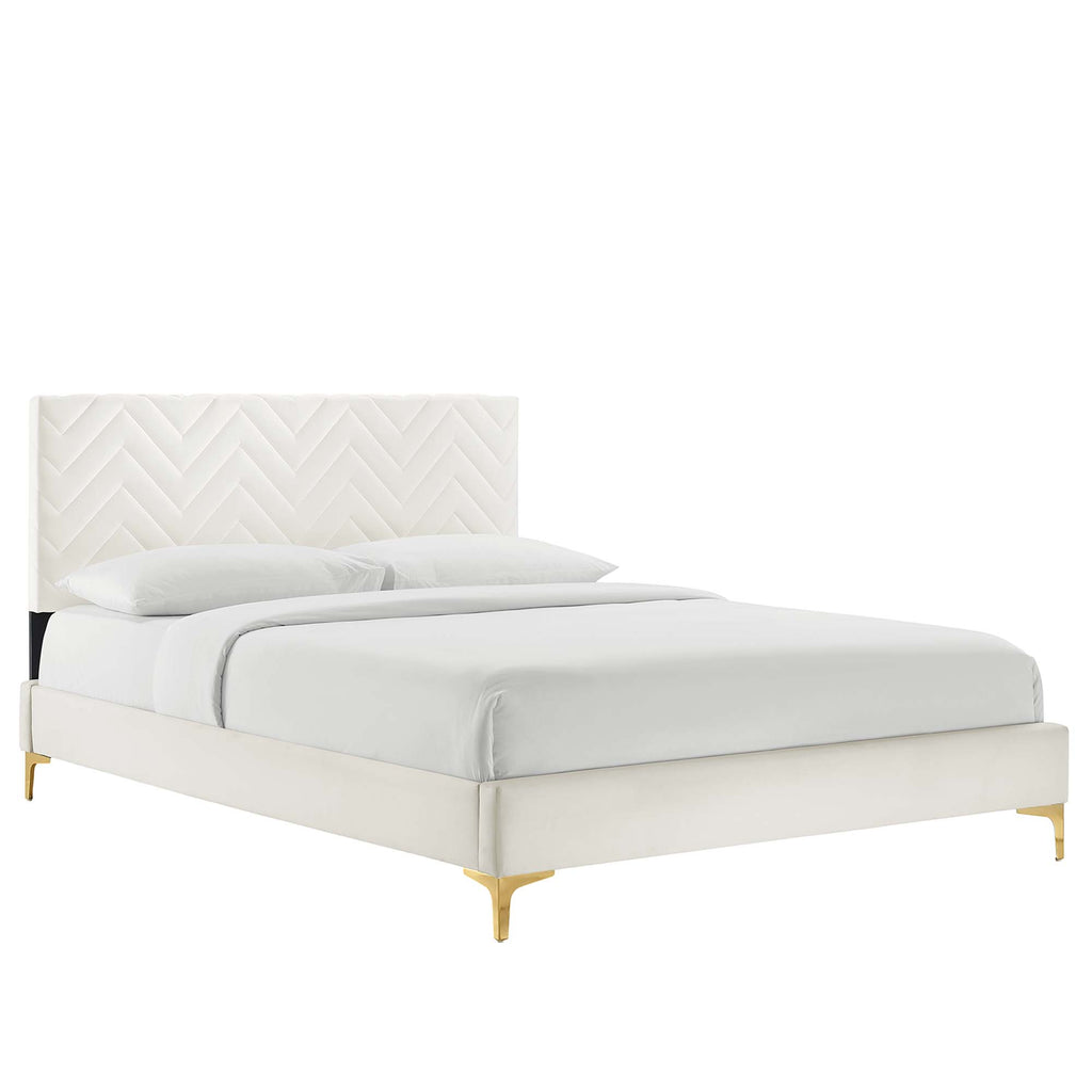 Leah Chevron Tufted Performance Velvet Queen Platform Bed - White (Full/Queen, Frame)