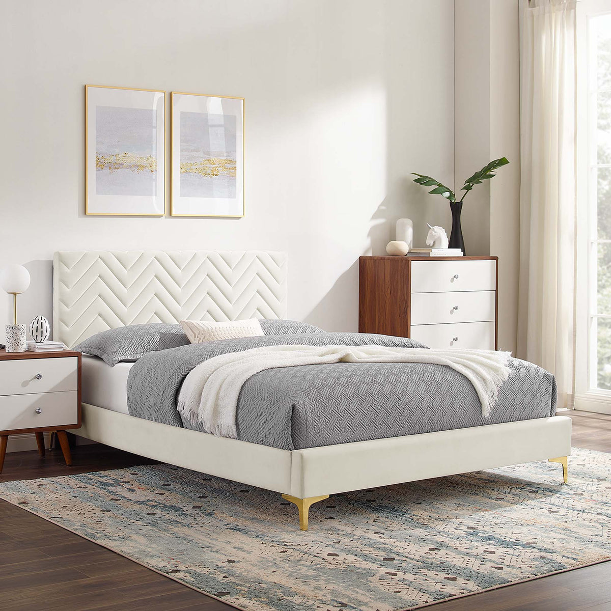 Leah Chevron Tufted Performance Velvet Queen Platform Bed - White (Full/Queen, Frame)