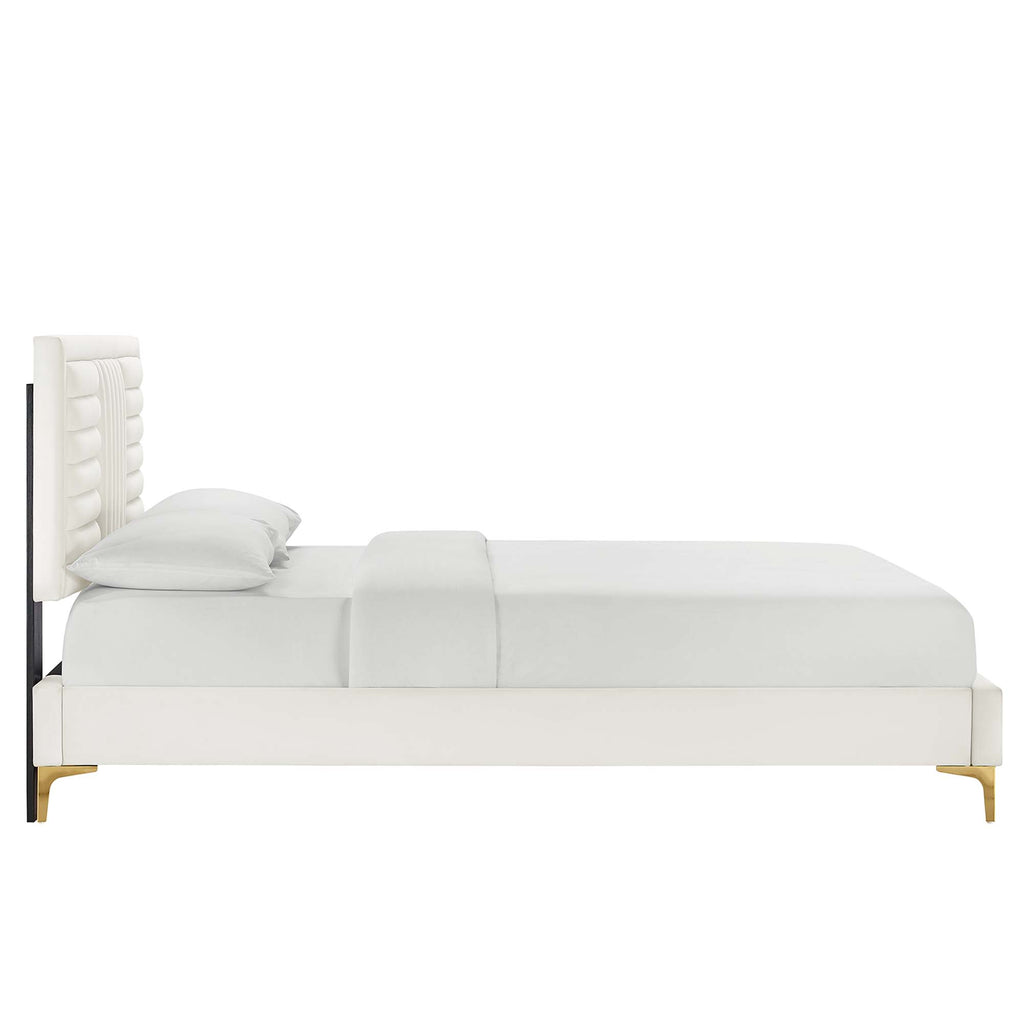 Sofia Channel Tufted Performance Velvet Queen Platform Bed - White (MOD-6979-WHI)