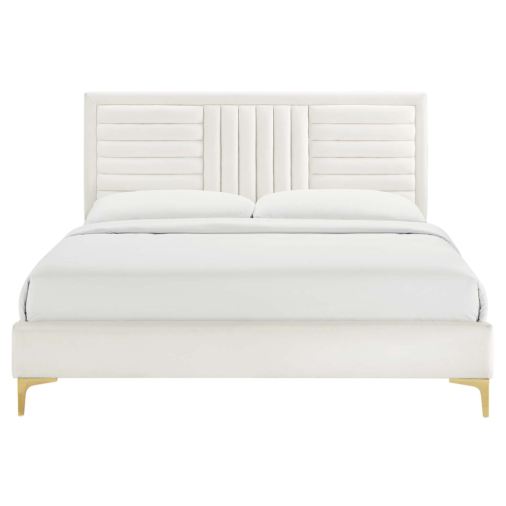 Sofia Channel Tufted Performance Velvet Queen Platform Bed - White (MOD-6979-WHI)
