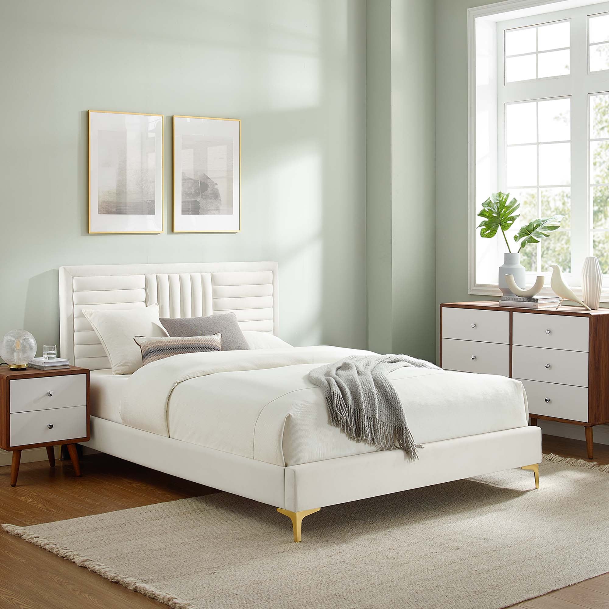 Sofia Channel Tufted Performance Velvet Queen Platform Bed - White (MOD-6979-WHI)