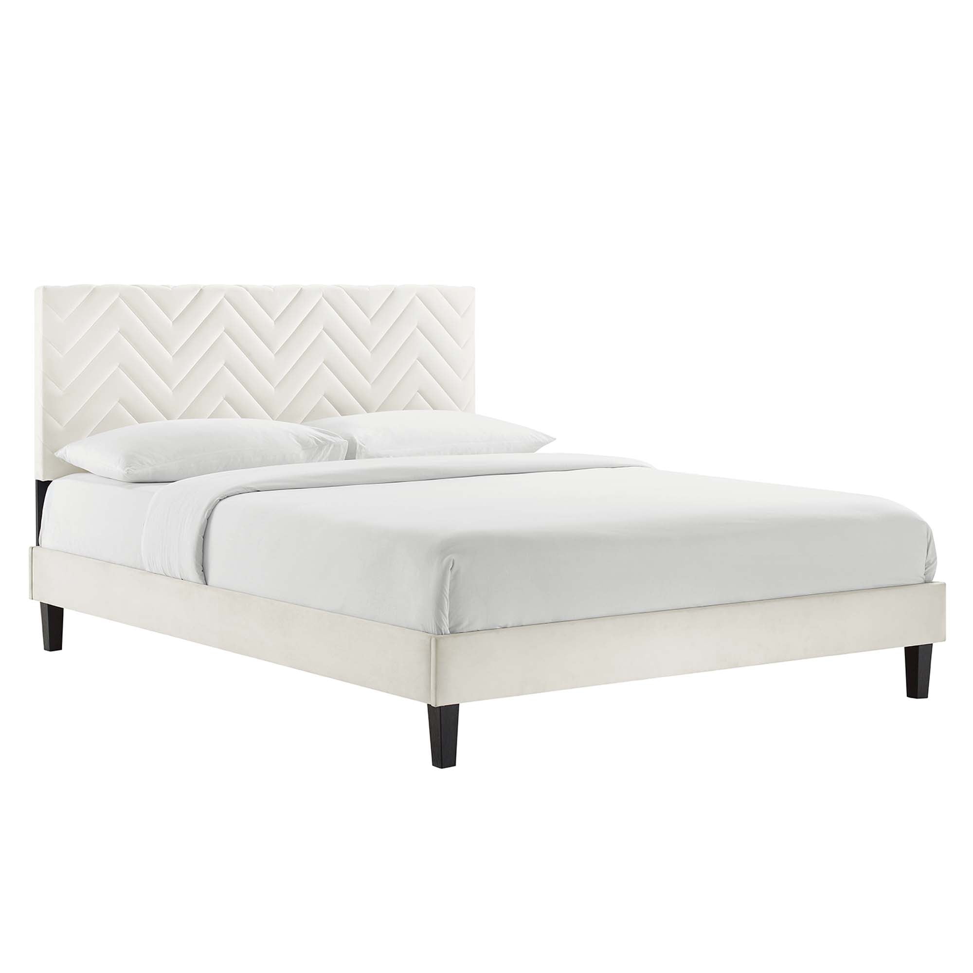 Leah Tapered Wood Leg Chevron Tufted Performance Velvet Twin Platform Bed - White