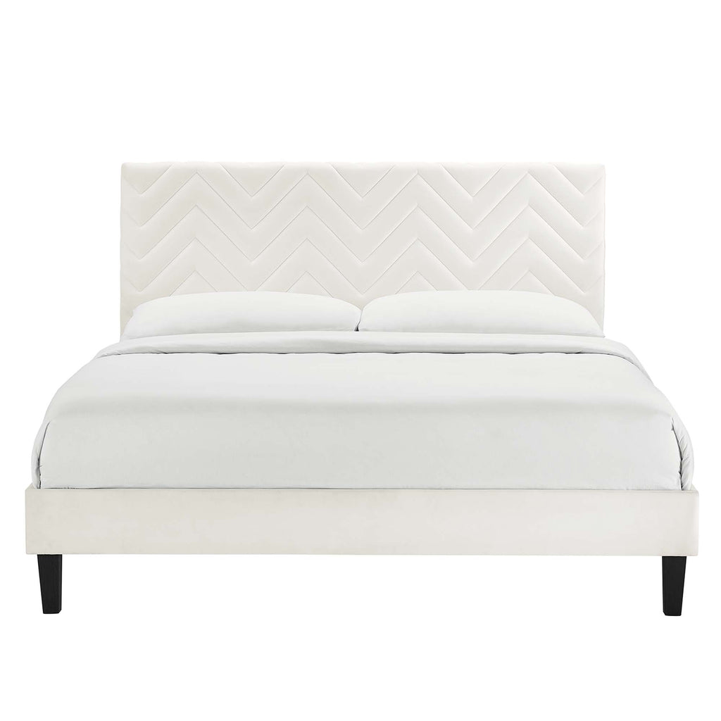 Leah Tapered Wood Leg Chevron Tufted Performance Velvet Twin Platform Bed - White