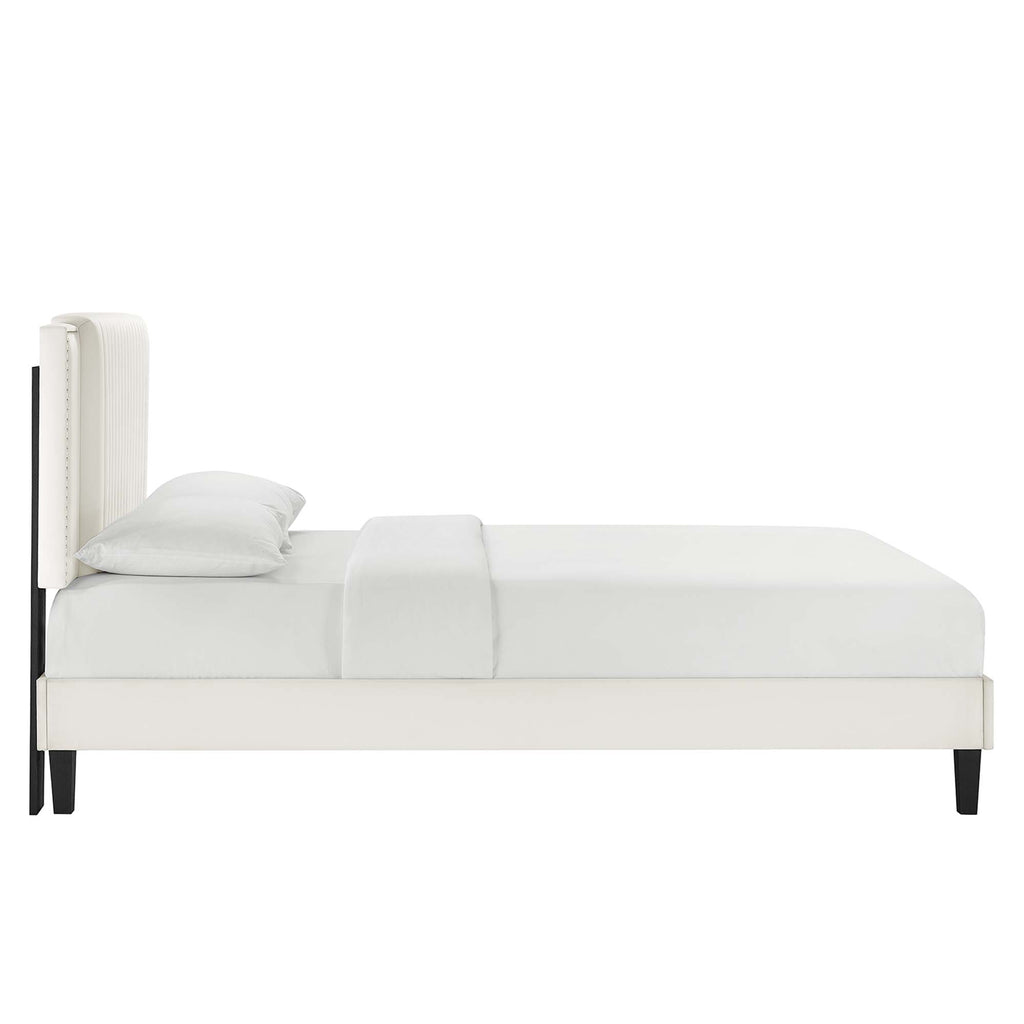 Zahra Tapered Wood Leg Channel Tufted Performance Velvet Twin Platform Bed - White