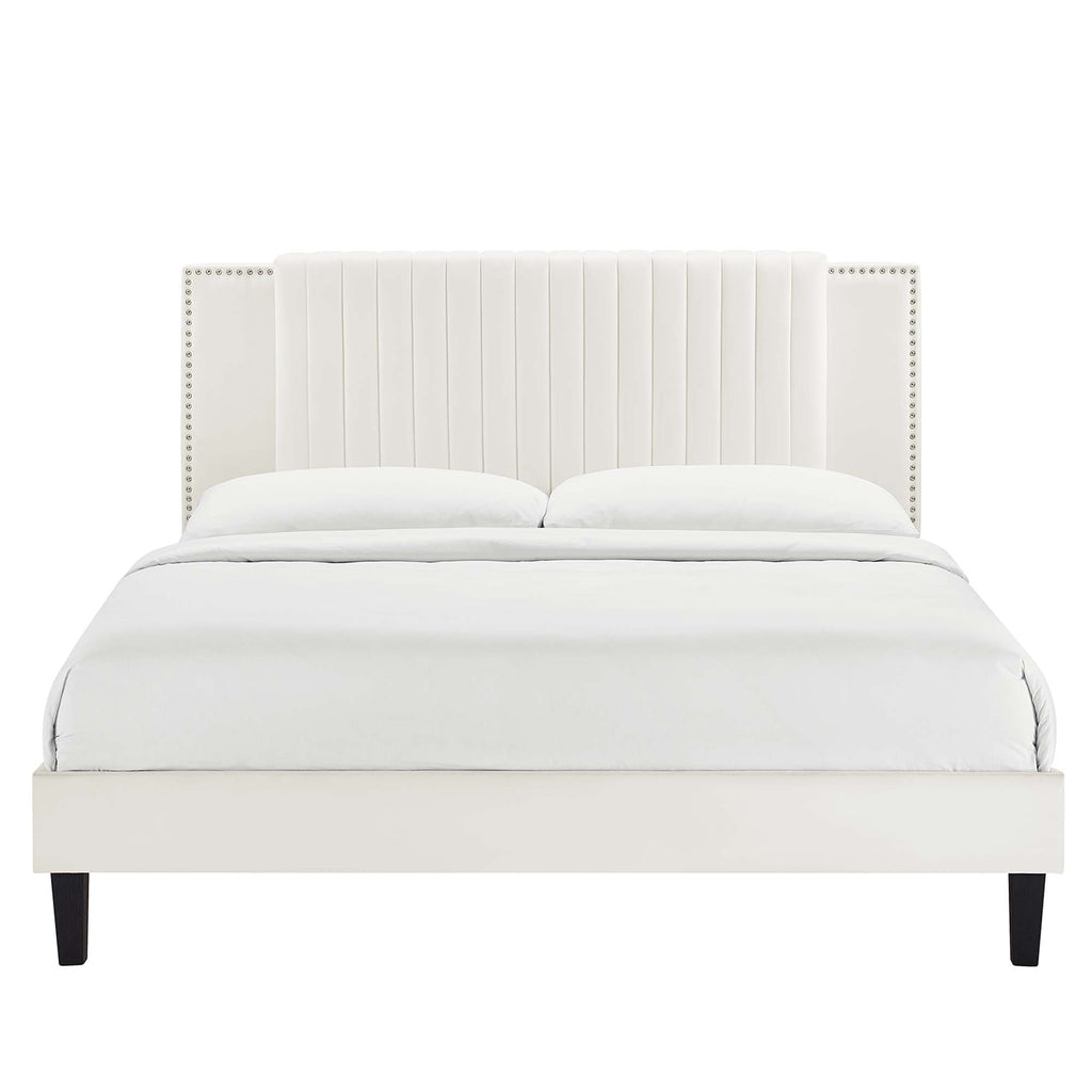 Zahra Tapered Wood Leg Channel Tufted Performance Velvet Twin Platform Bed - White