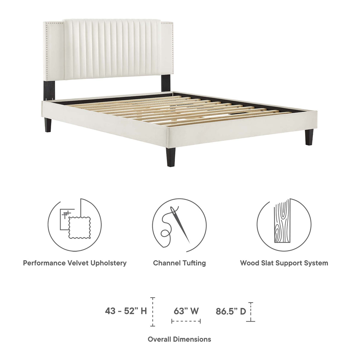Zahra Tapered Wood Leg Channel Tufted Performance Velvet Twin Platform Bed - White