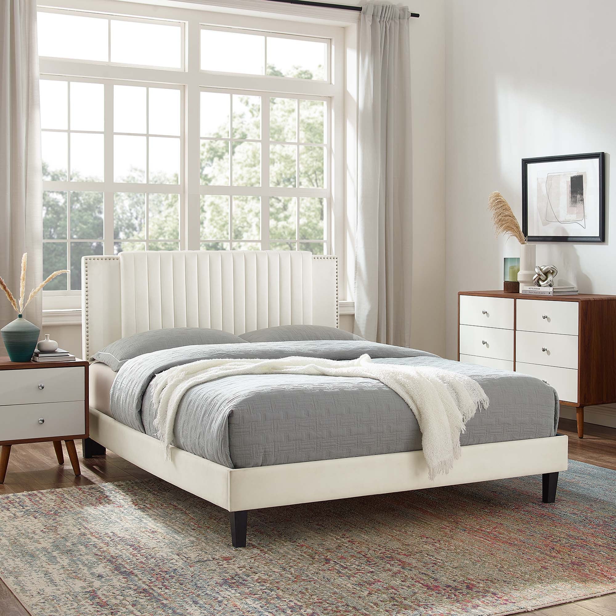 Zahra Tapered Wood Leg Channel Tufted Performance Velvet Twin Platform Bed - White