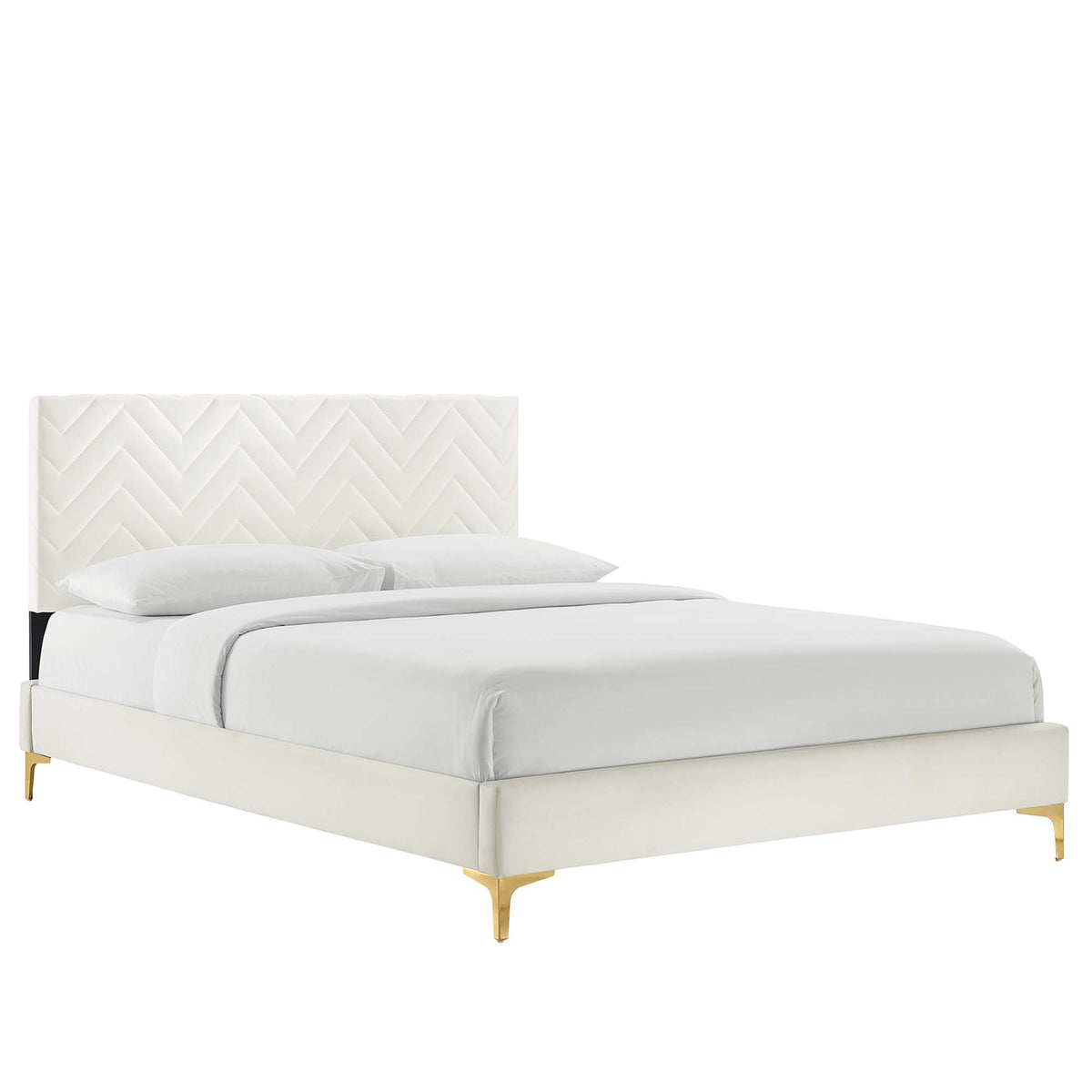 Leah Chevron Tufted Performance Velvet Full Platform Bed - White (Full/Queen, Frame)