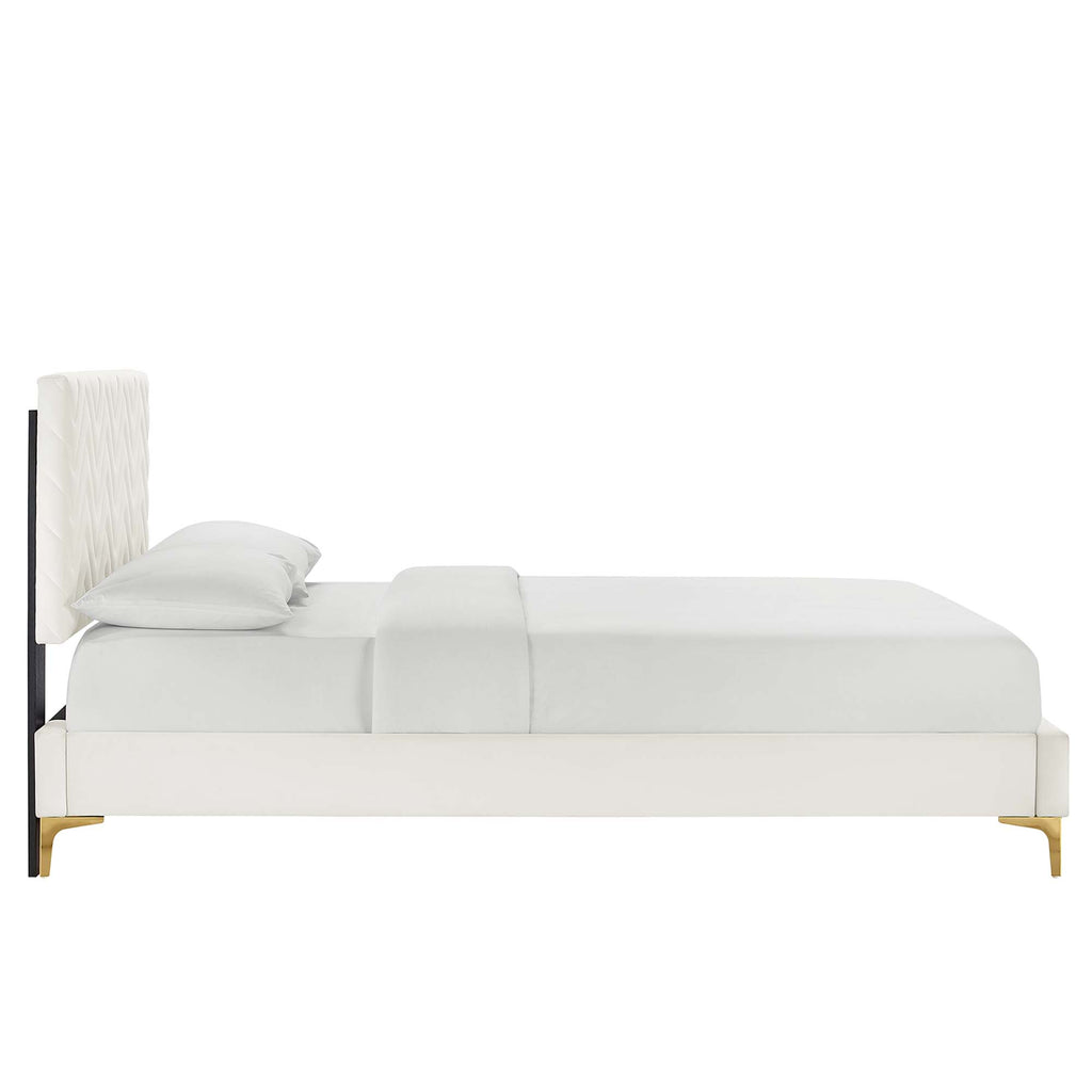 Leah Chevron Tufted Performance Velvet Full Platform Bed - White (Full/Queen, Frame)