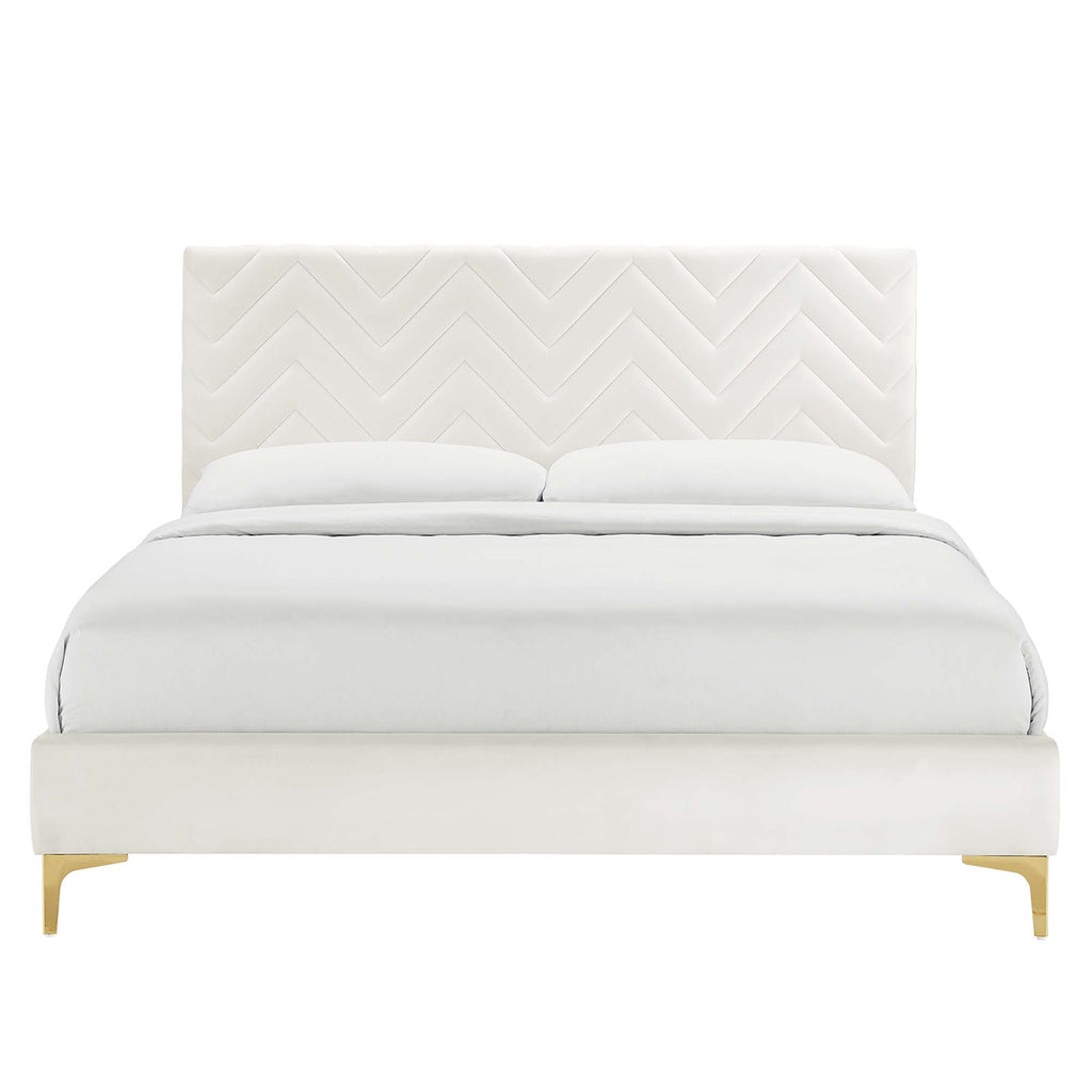 Leah Chevron Tufted Performance Velvet Full Platform Bed - White (Full/Queen, Frame)