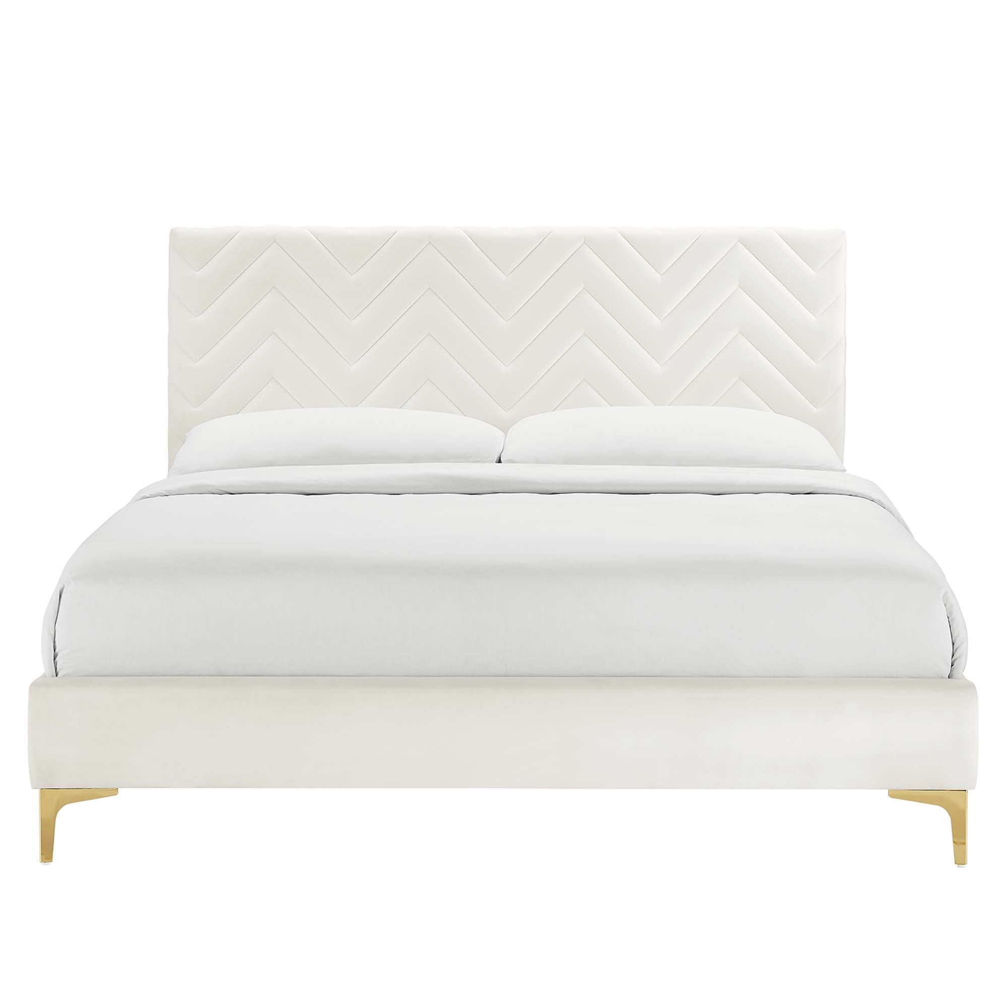 Leah Chevron Tufted Performance Velvet Full Platform Bed - White (Full/Queen, Frame)