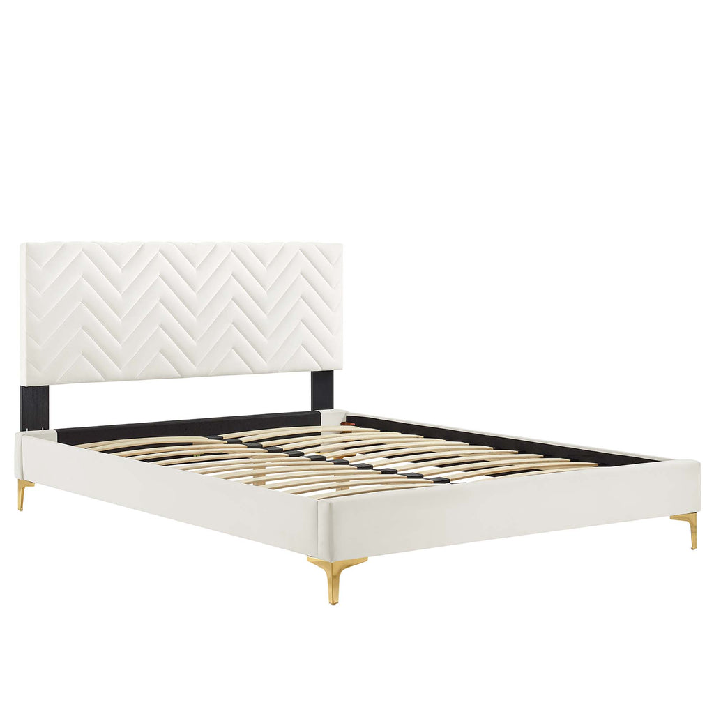 Leah Chevron Tufted Performance Velvet Full Platform Bed - White (Full/Queen, Frame)