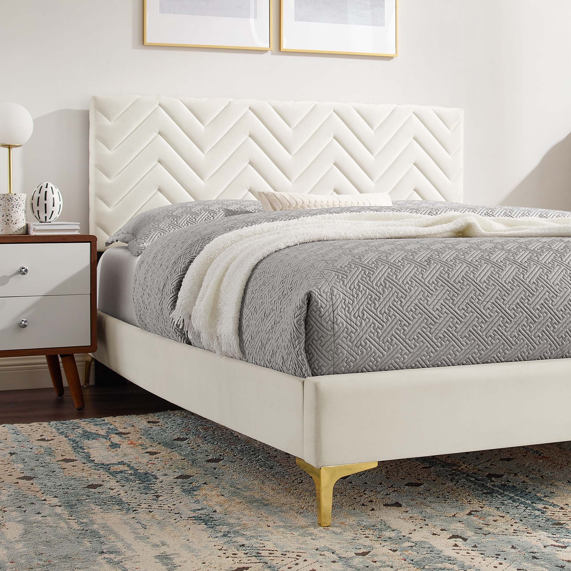 Leah Chevron Tufted Performance Velvet Full Platform Bed - White (Full/Queen, Frame)