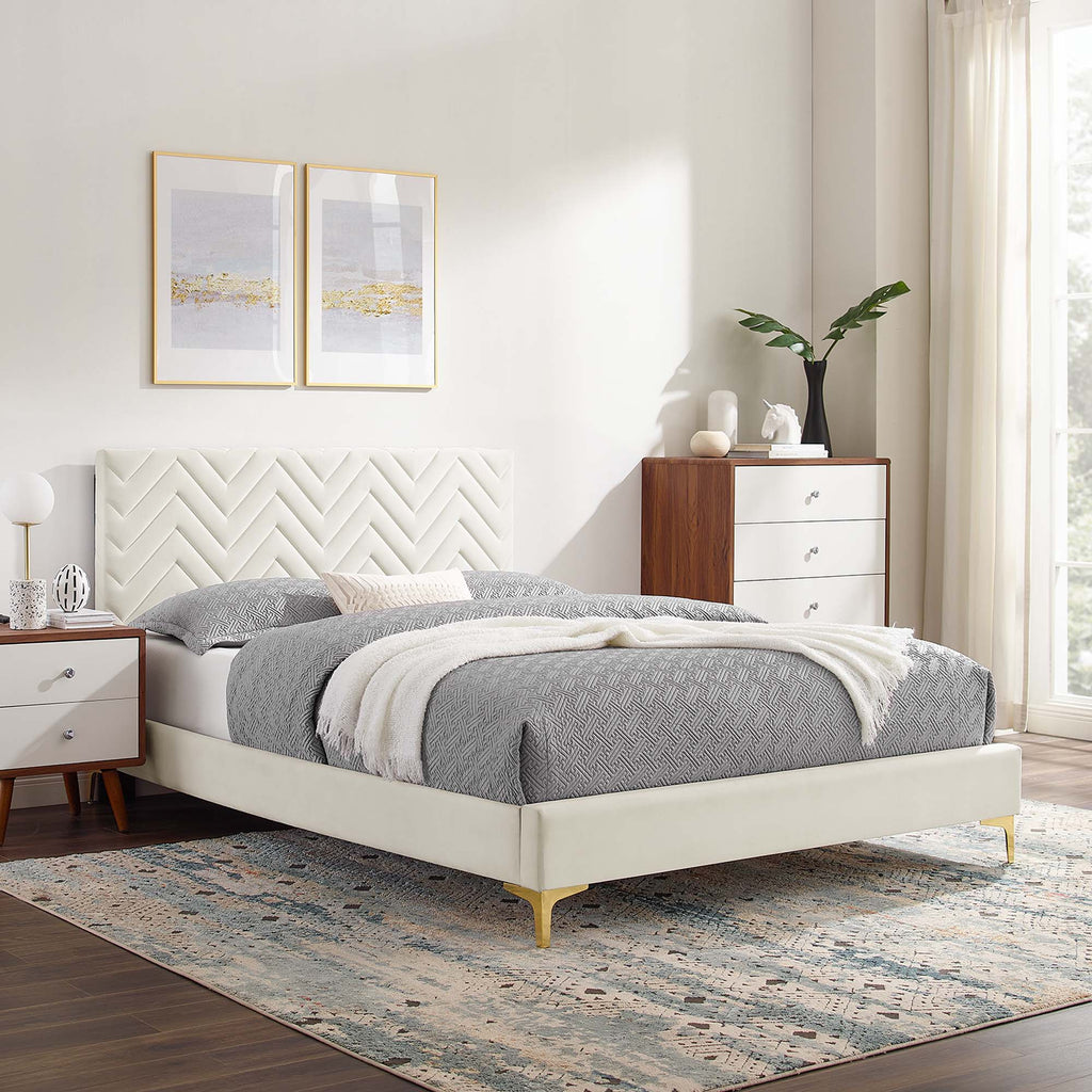 Leah Chevron Tufted Performance Velvet Full Platform Bed - White (Full/Queen, Frame)
