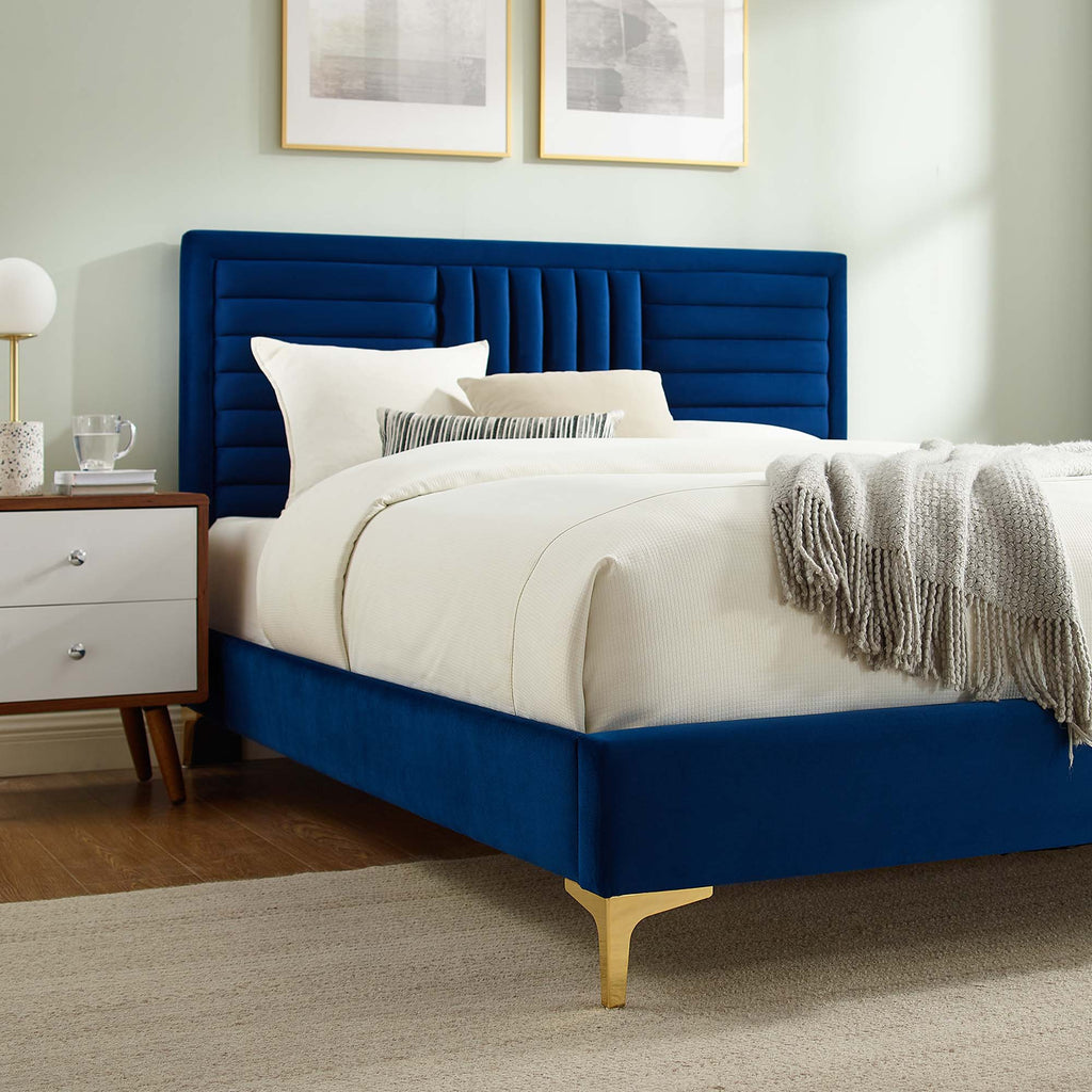 Sofia Channel Tufted Performance Velvet Full Platform Bed - Navy