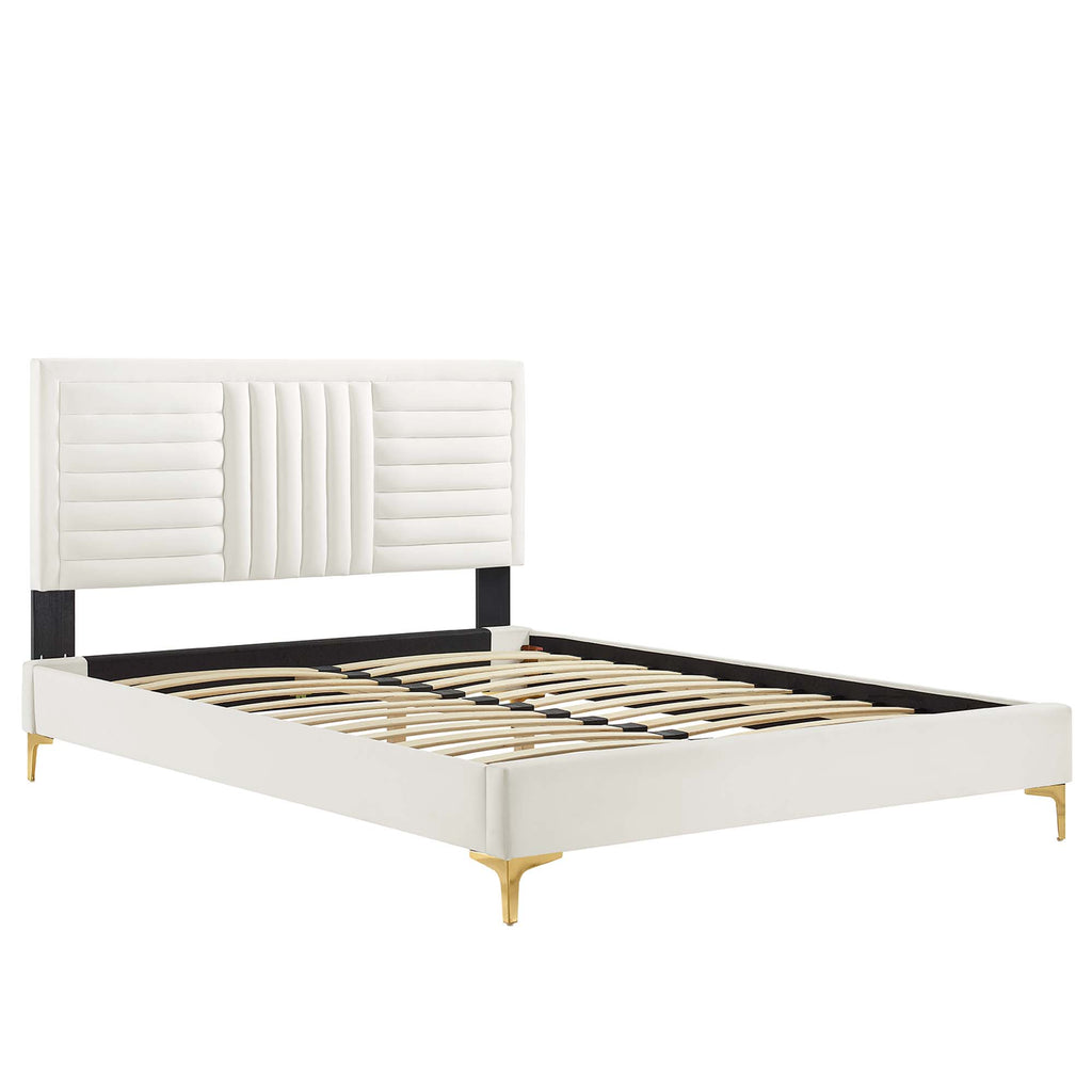Sofia Channel Tufted Performance Velvet Full Platform Bed - White (MOD-6995-WHI)