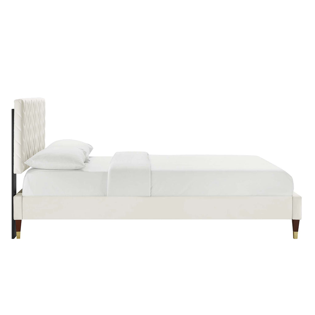 Leah Chevron Tufted Performance Velvet Full Platform Bed - White (Frame, Full/Queen)