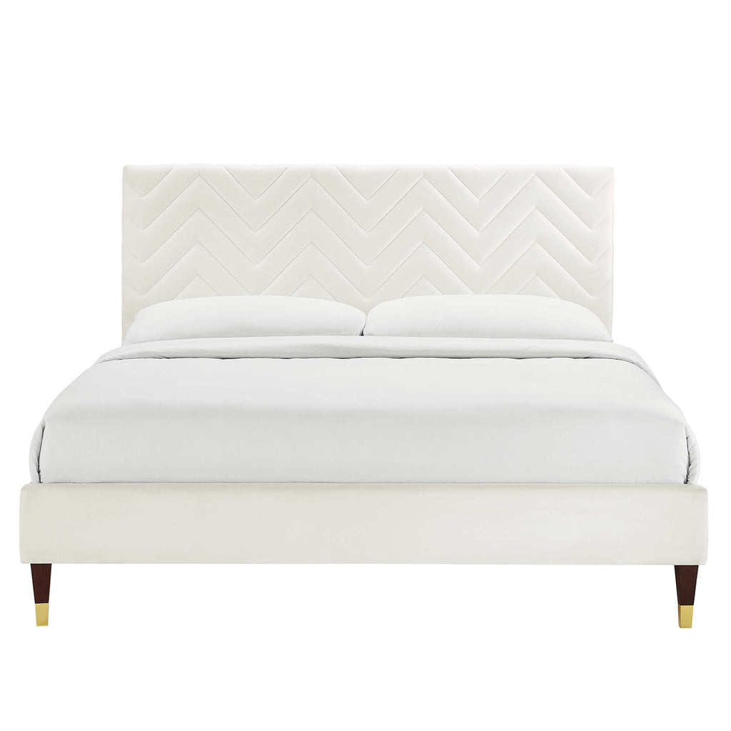 Leah Chevron Tufted Performance Velvet Full Platform Bed - White (Frame, Full/Queen)