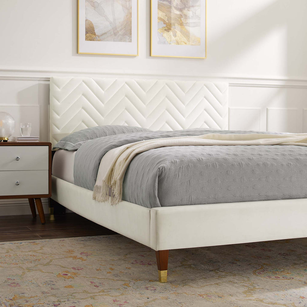 Leah Chevron Tufted Performance Velvet Full Platform Bed - White (Frame, Full/Queen)