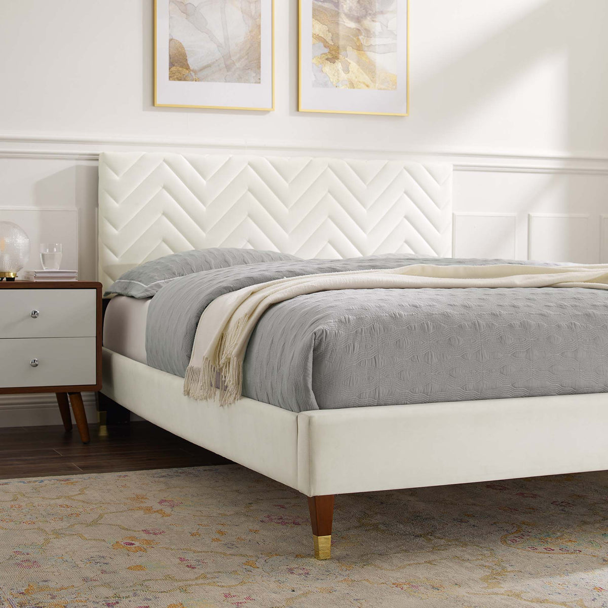 Leah Chevron Tufted Performance Velvet Full Platform Bed - White (Frame, Full/Queen)